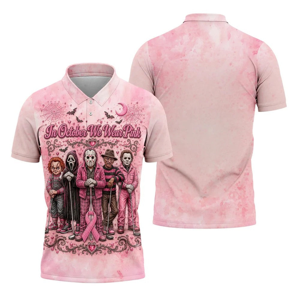 In October We Wear Pink Breast Cancer Horror Characters Golf Polo, Polo Shirts For Men