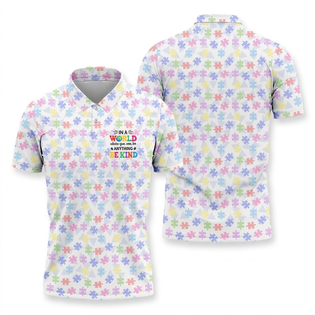 In A World Where You Can Be Anything Be Kind Autism Puzzle Golf Shirts For Men, Polo Shirts For Men