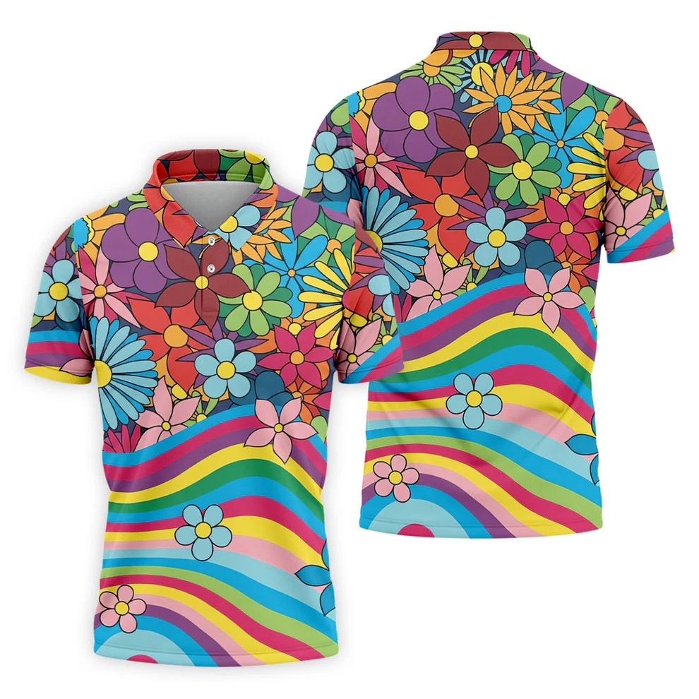 Retro Rainbow Floral Hippie Hawaiian Golf Shirt, Golf Polo Shirts For Men, Mens Golf Apparel