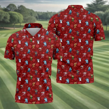 Funny Christmas Characters Golf Pose Red Golf Shirt, Christmas Golf Shirt, Polo Shirts For Men