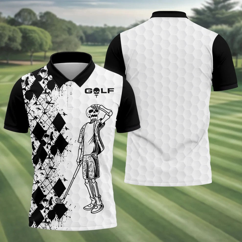 Golf Skeleton Splatter Effect Argyle Pattern Golf Tops For Men, Father's Day Golf Gift