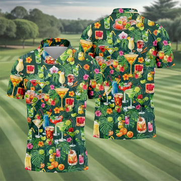 Tropical Cocktail Drinks And Floral Paradise Golf Polo, Hawaiian Golf Shirt, Golf Shirts For Men