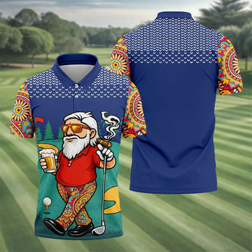 Men's Funny Golf Santa Beer And Cigar Polo Shirt, Mens Golf Polo, Golf Apparel For Men