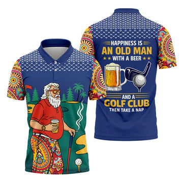 Retro Bearded Golfer Holding Beer Golf Polo Shirt, Mens Golf Shirts, Printed Golf Shirts