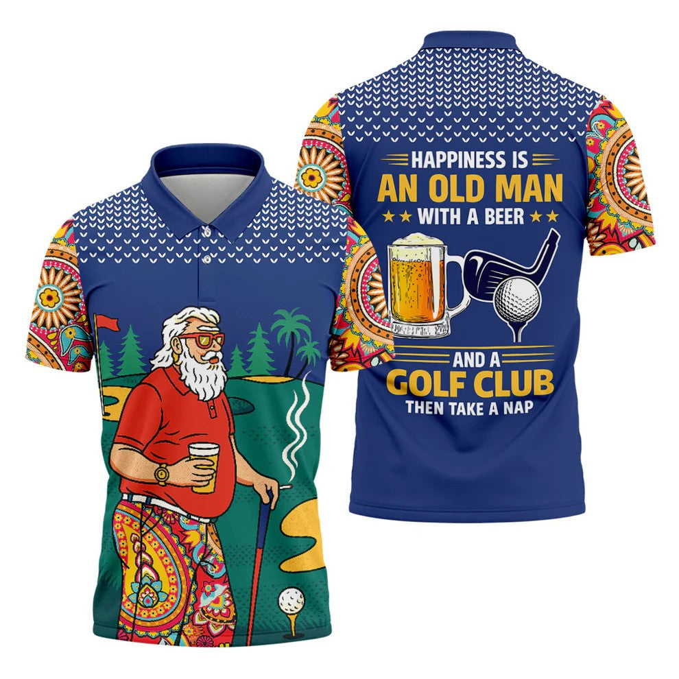 Retro Bearded Golfer Holding Beer Golf Polo Shirt, Mens Golf Shirts, Printed Golf Shirts