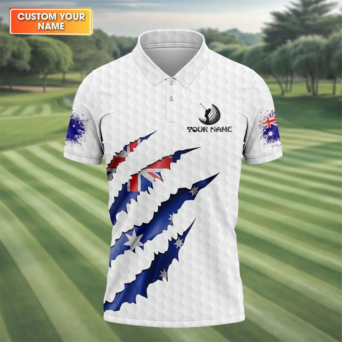Golf Ball Pattern Australia Flag Print Scratch Effect Men's Golf Top, Golf Shirts For Men