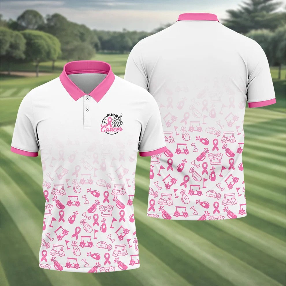 Fuck Cancer Pink Ribbon Breast Cancer Polo Shirt, Mens Polo Shirts, Golf Apparel For Men