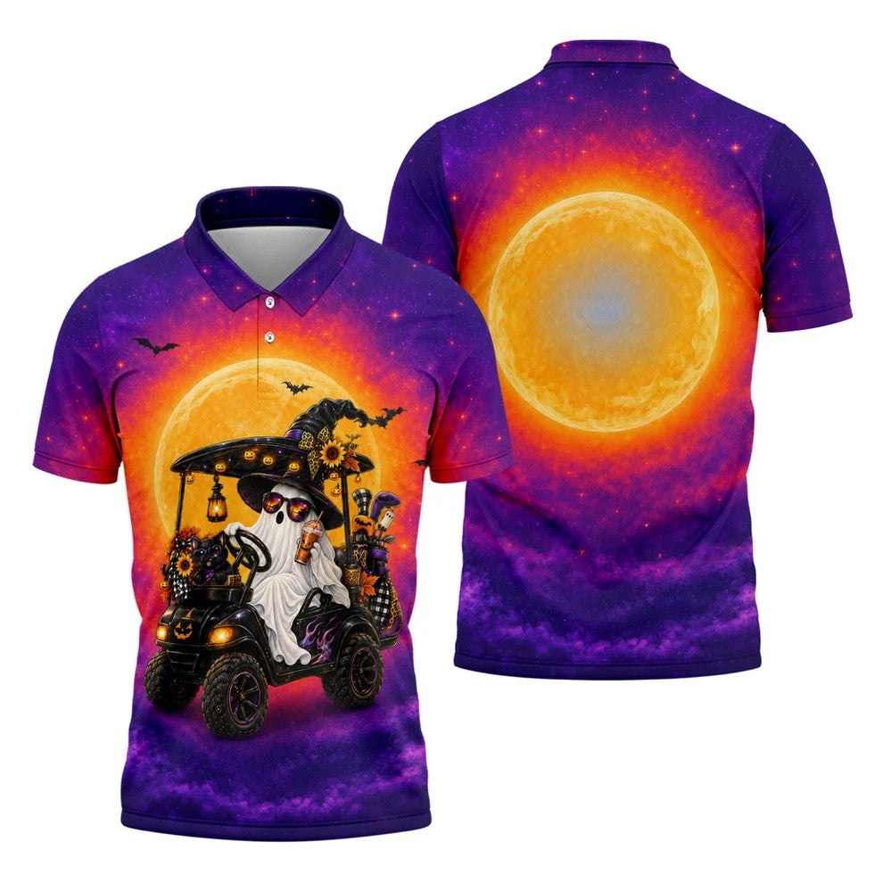 Funny Halloween Ghost Golf Cart Polo Shirt, Polo Shirts For Men, Mens Golf Shirts