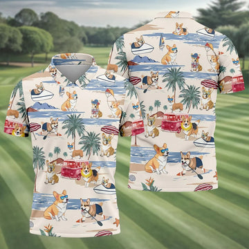 Cute Corgi Beach Vacation Tropical Golf Polo Shirt, Hawaiian Golf Shirt, Golf Shirts For Men