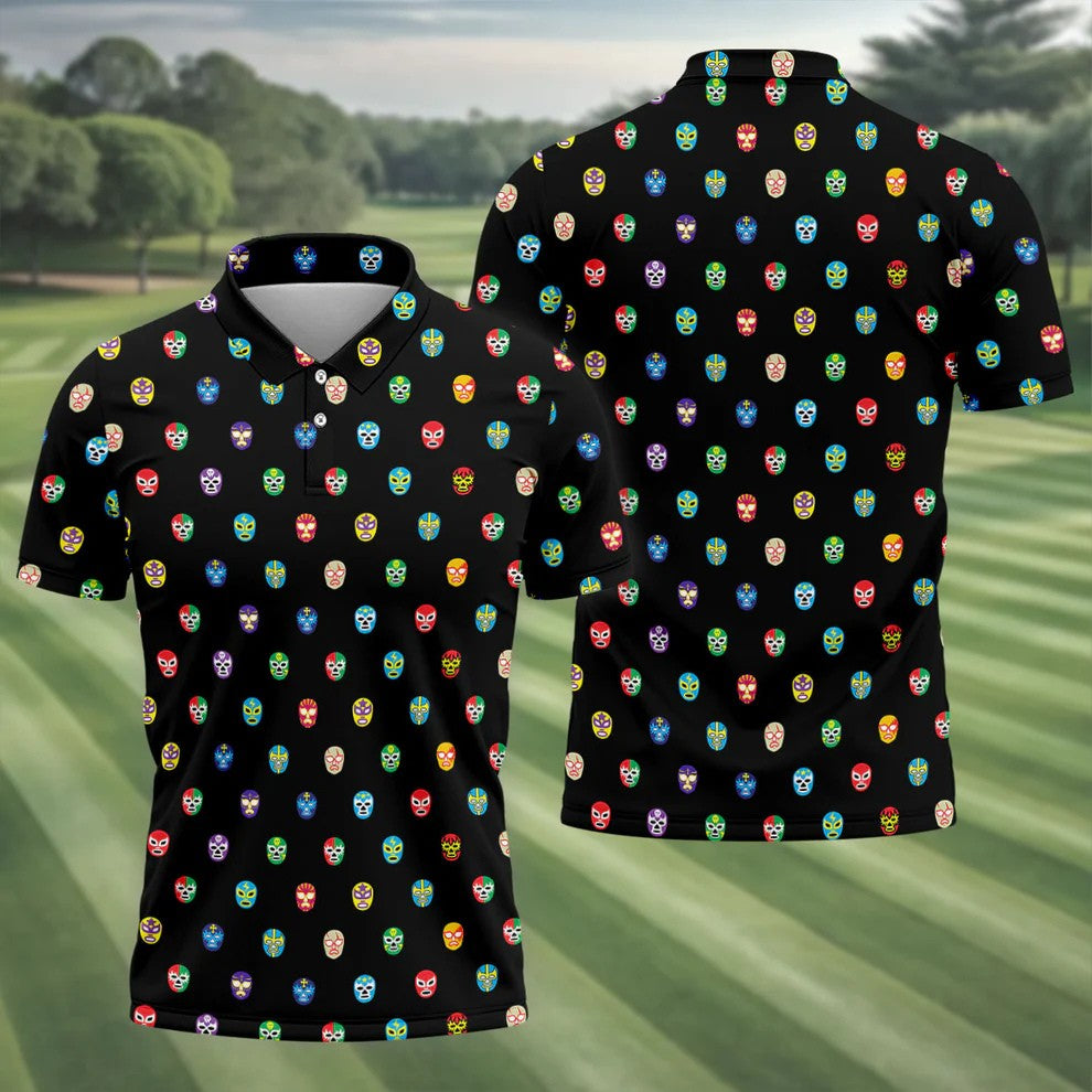 Colorful Retro Mask Print Golf Polo Shirt, Golf Shirts For Men, Printed Golf Shirts