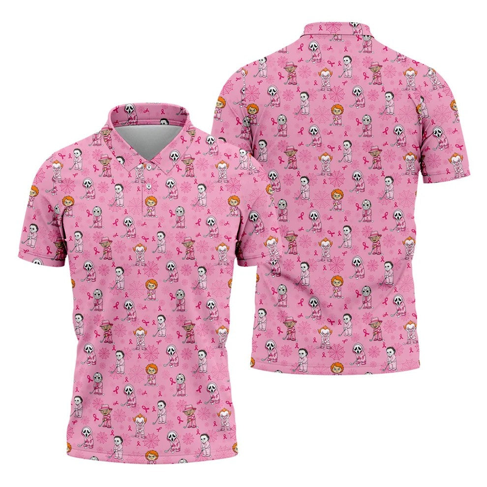 Pink Halloween Horror Breast Cancer Polo Shirt, Golf Shirts For Men, Mens Golf Shirts