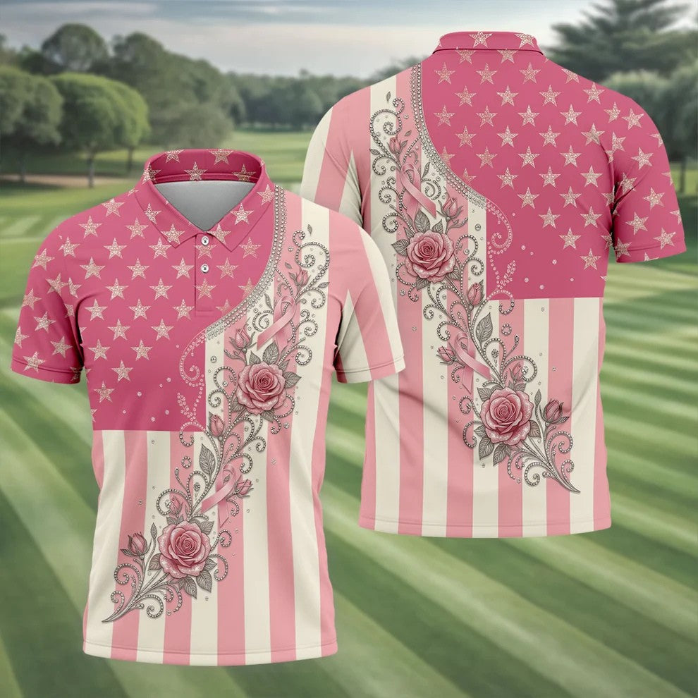 Pink Stars Stripes Rose Breast Cancer Polo Shirt, Men's Golf Shirt, Mens Golf Polo
