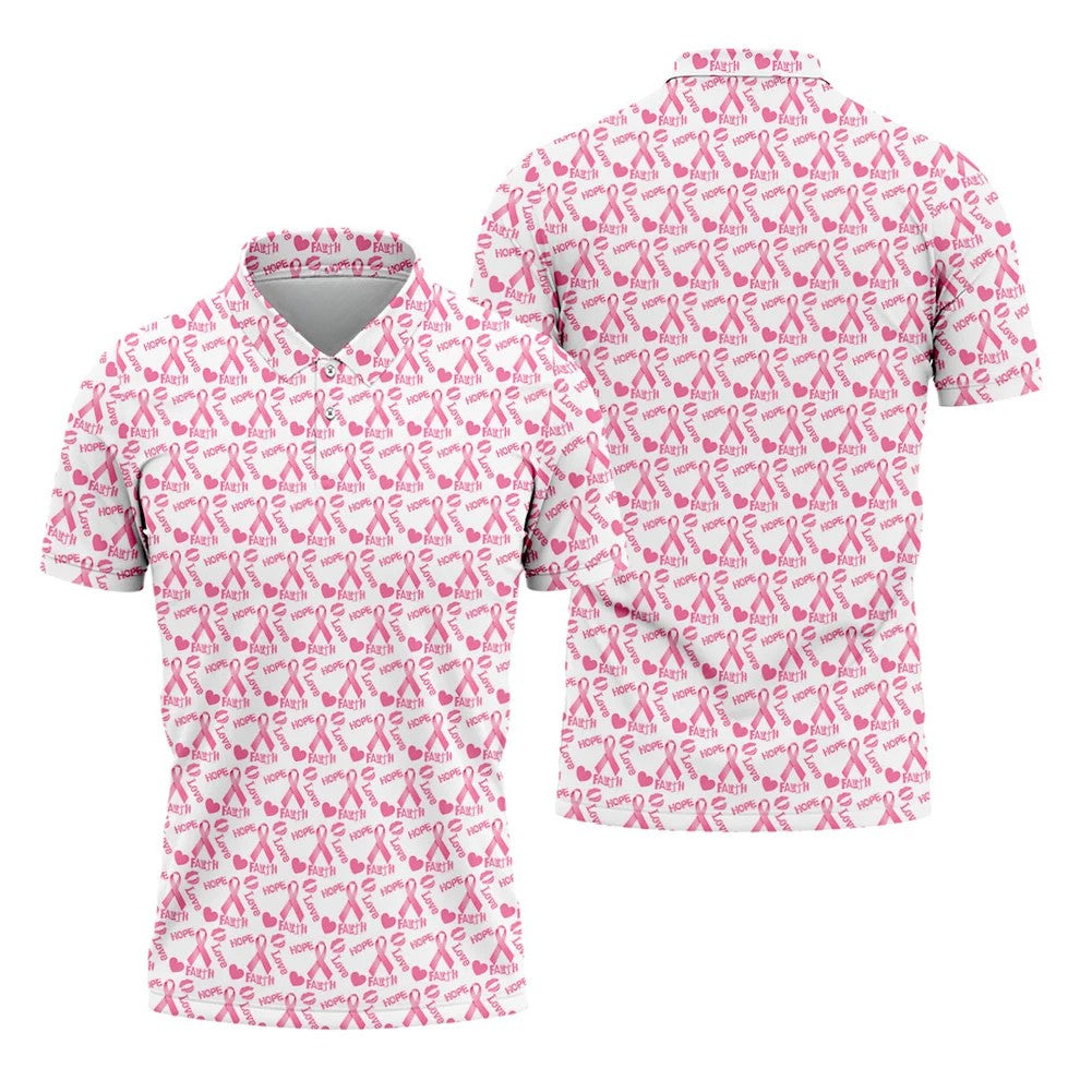 Hope Love Faith Pink Ribbon Breast Cancer Golf Shirt, Men's Golf Shirt, Mens Golf Apparel