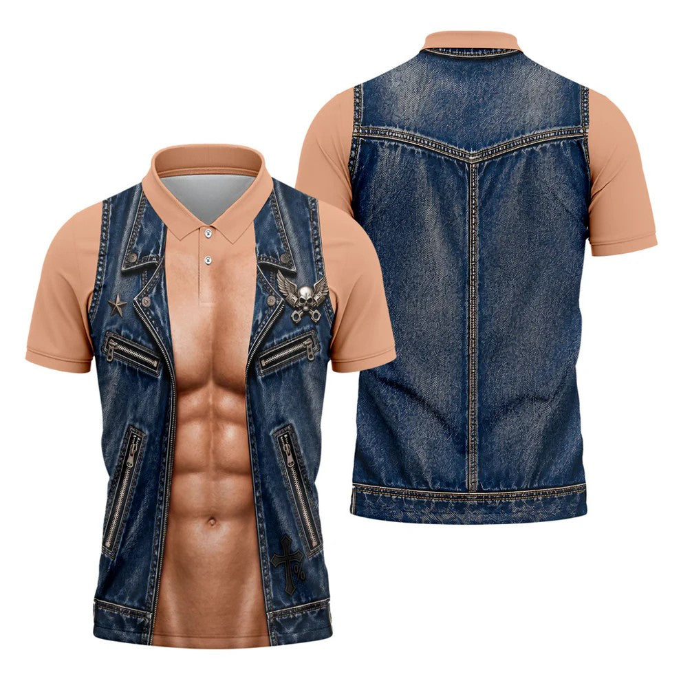 Blue Denim Vest Illusion Golf Polo Shirt, Golf Shirts For Men, Mens Golf Apparel