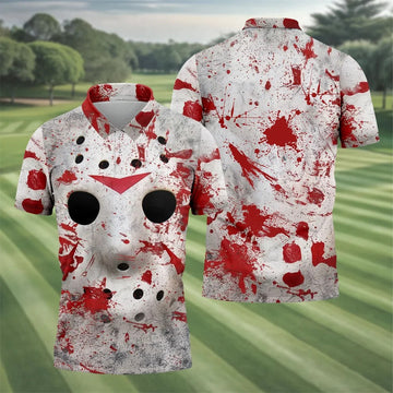 Creepy Mask Face Golf Tops For Men, Horror Character Cosplay Polo ShirtFor Men, Halloween Golf Shirt
