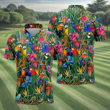 Tropical Colorful Parrots Rainforest Bird Print Golf Polo, Hawaiian Golf Shirt, Printed Golf Shirts