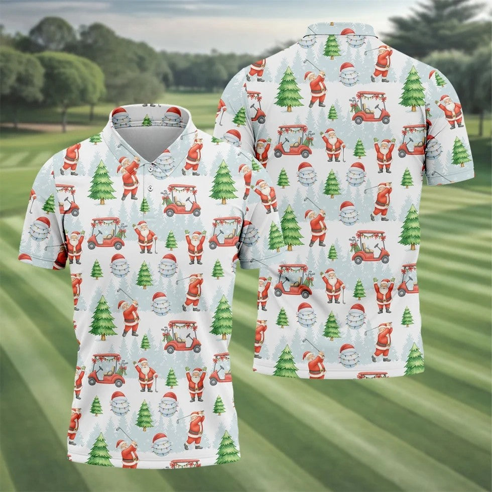 Santa Claus Golf Pose Men's Funny Golf Shirts, Men's White Polo, Christmas Golf Shirt, Golf Gift Christmas