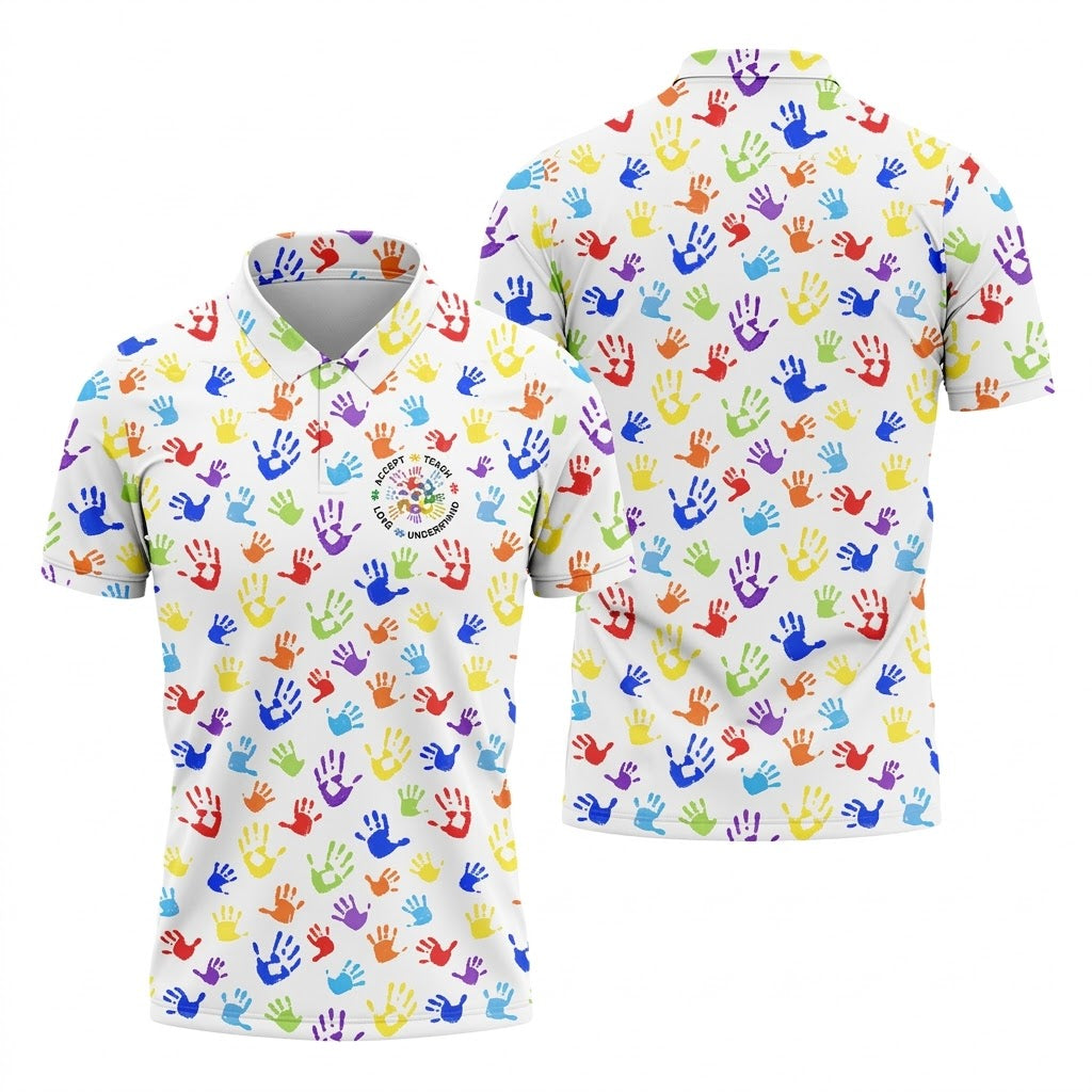 Accept Teach Understand Love Autism Awareness Colorful Handprint White Golf Shirt, Golf Shirts For Men