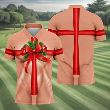 Christmas Red Bow Gift Golf Polo Shirt, Printed Golf Shirts, Polo Shirts For Men