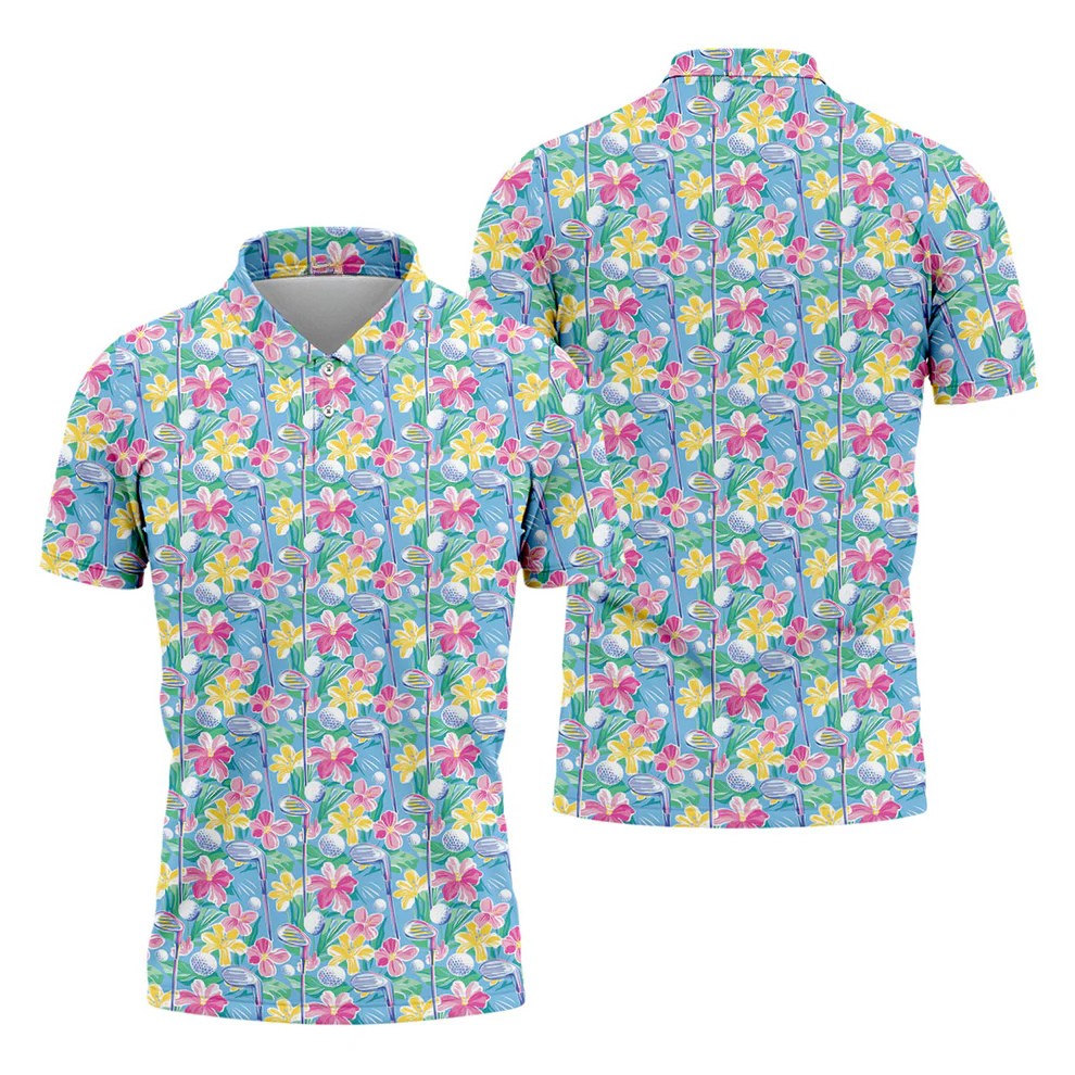 Tropical Floral Golf Clubs Hawaiian Golf Polo Shirt, Men's Golf Shirt, Golf Apparel For Men