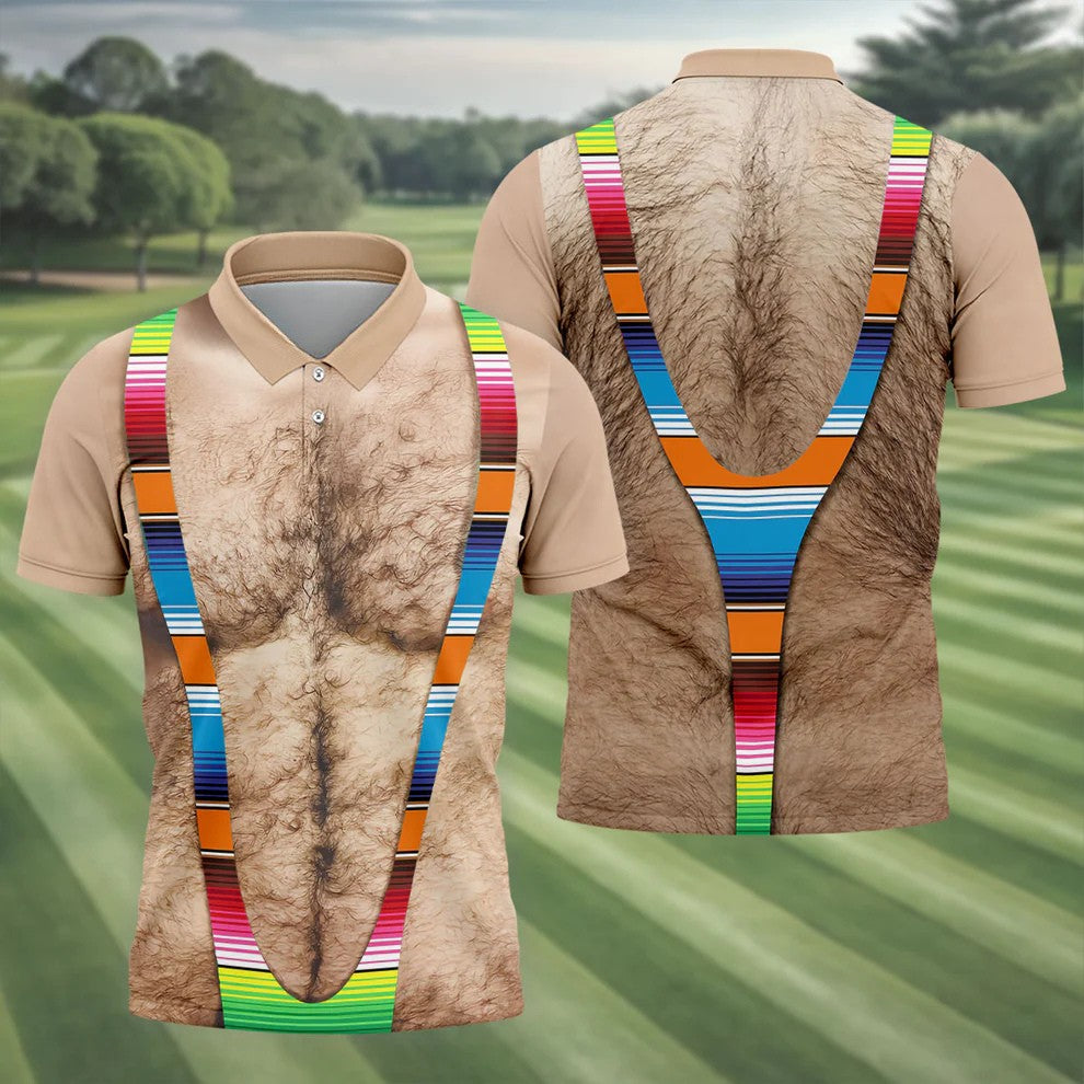 Hairy Body Serape Pattern Funny Cinco De Mayo Golf Tops For Men, Golf Shirts For Men