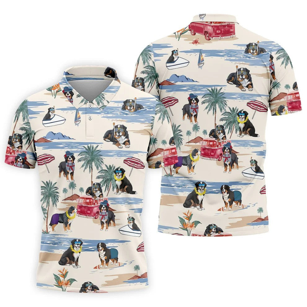 Tropical Bernese Mountain Dog Beach Hawaiian Golf Polo Shirt, Printed Golf Shirts, Golf Apparel For Men