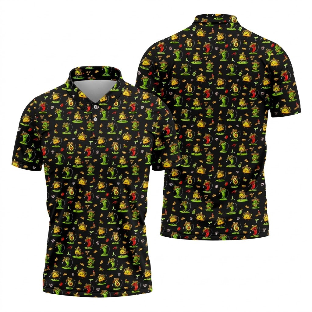 Mexican Cartoon Food Characters Cinco De Mayo Celebration Fiesta Themed Black Golf Shirts For Men