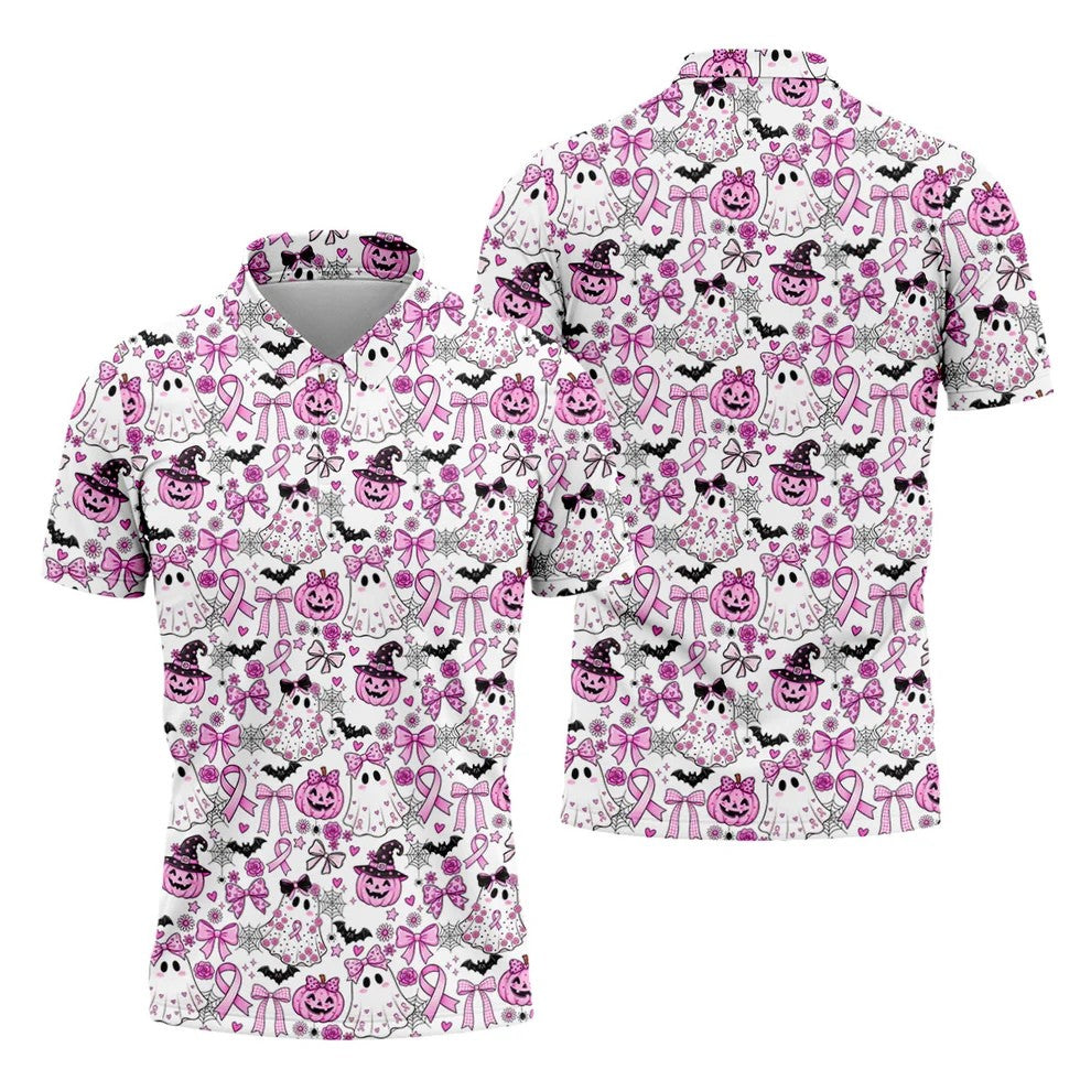 Pink Breast Cancer Witch Halloween Golf Polo Shirt, Mens Golf Polo, Golf Shirts For Men