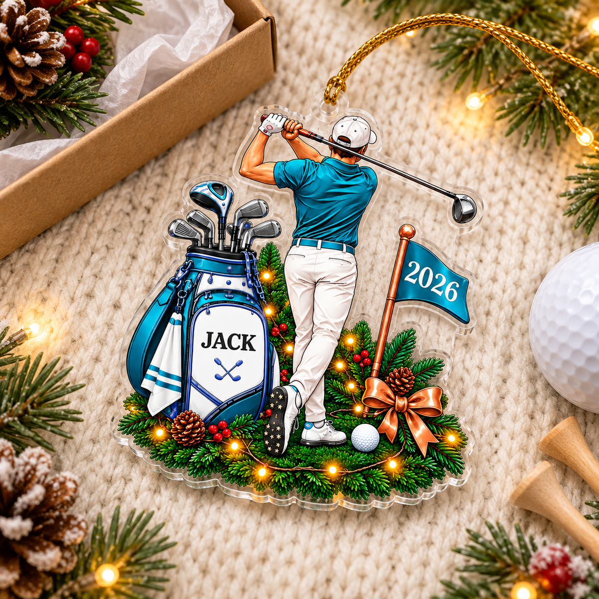 Custom Name Teal Male Golfer Acrylic Ornament, Christmas Tree Decor, Golfer Gifts