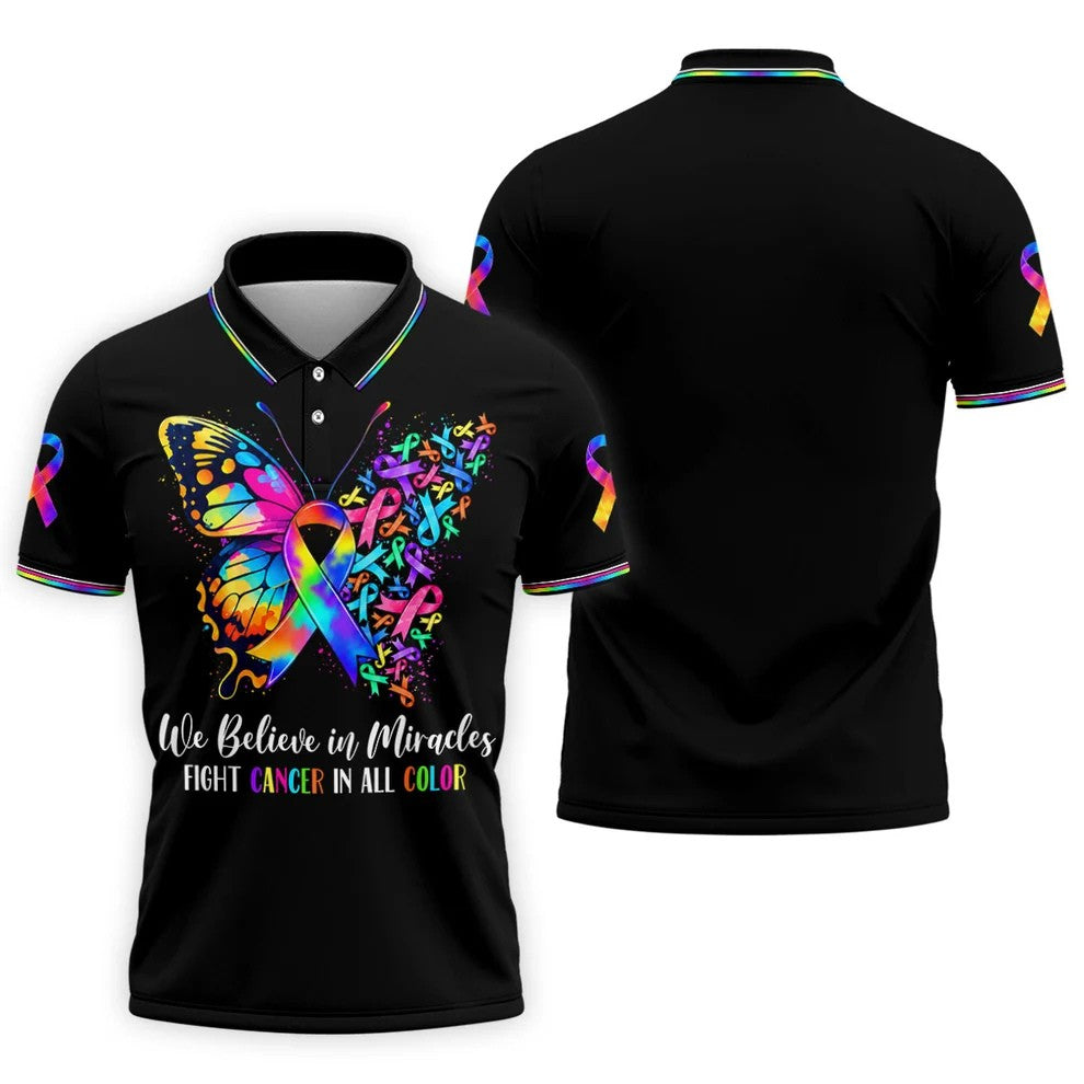We Believe In Miracles Butterfly Cancer Polo Shirt, Mens Golf Polo, Golf Apparel For Men