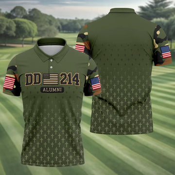 DD-214 Alumni Flag Cross Camo Polo Shirt, Veterans Day Shirt, Golf Shirts For Men