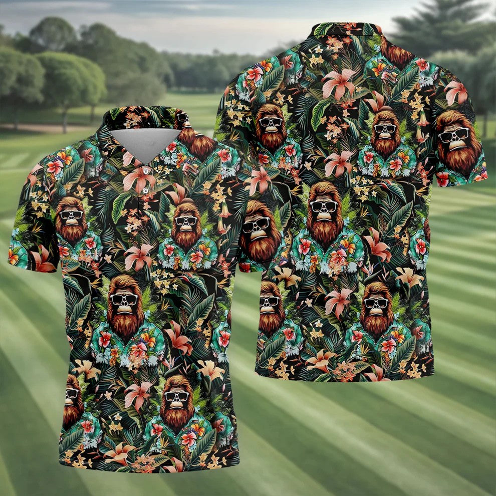Bigfoot Hawaiian Tropical Golf Shirt, Funny Sasquatch Golf Shirts For Men