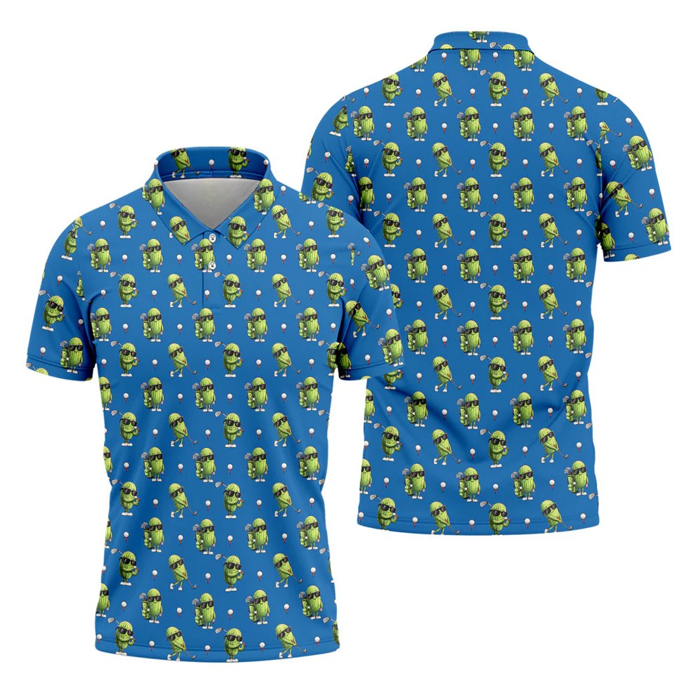 Cartoon Cactus Golfer Blue Golf Shirt, Mens Golf Polo, Golf Apparel For Men, Printed Golf Shirts