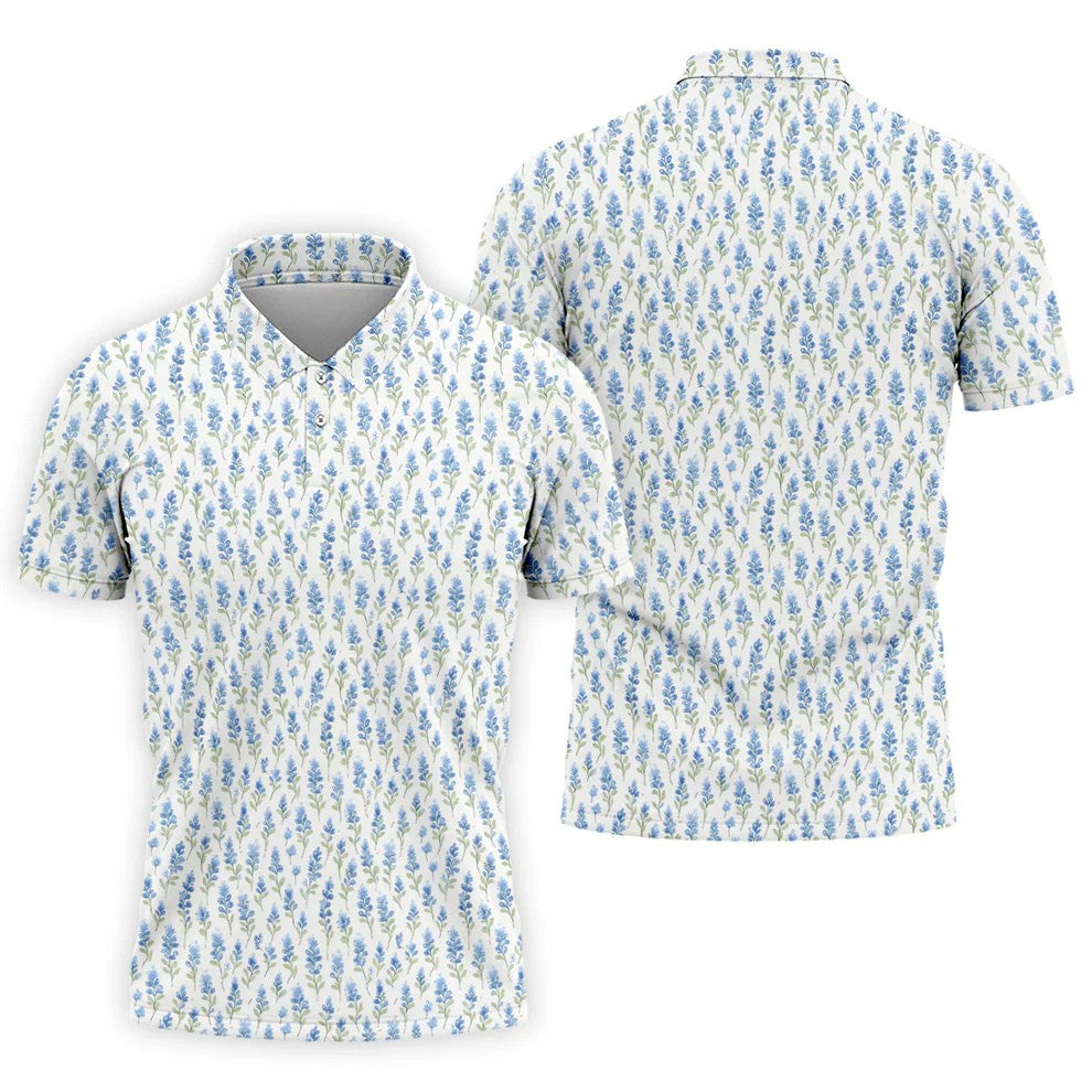 Texas Bluebonnet Floral Pattern Golf Polo Shirt, Mens Golf Polo, Hawaiian Golf Shirt