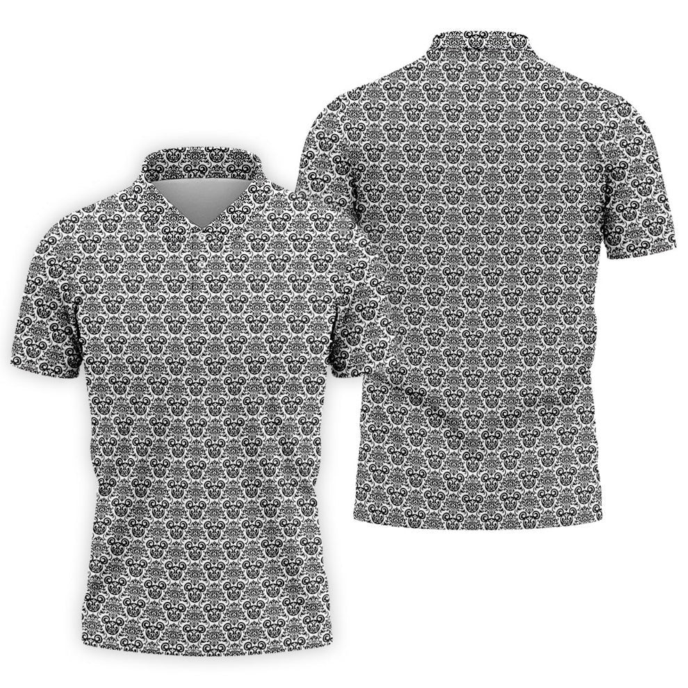 Vintage Monochrome Damask Golf Polo Shirt, Printed Golf Shirts, Mens Golf Shirts