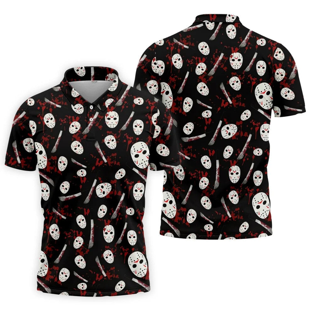 Hockey Mask Blood Pattern Halloween Golf Polo Shirt, Mens Golf Shirts, Printed Golf Shirts