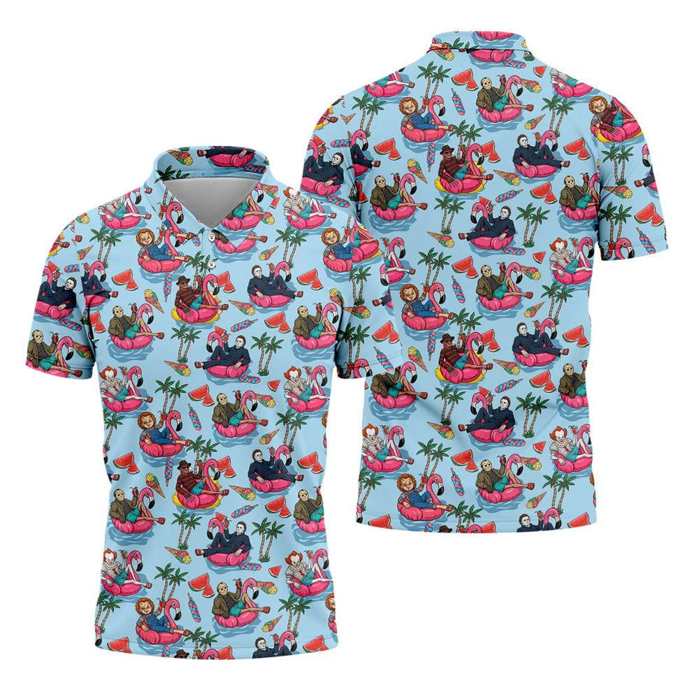 Retro Horror Character Villains Floating On Flamingo Pool Floats Golf Polo Shirt, Mens Golf Polo, Printed Golf Shirts