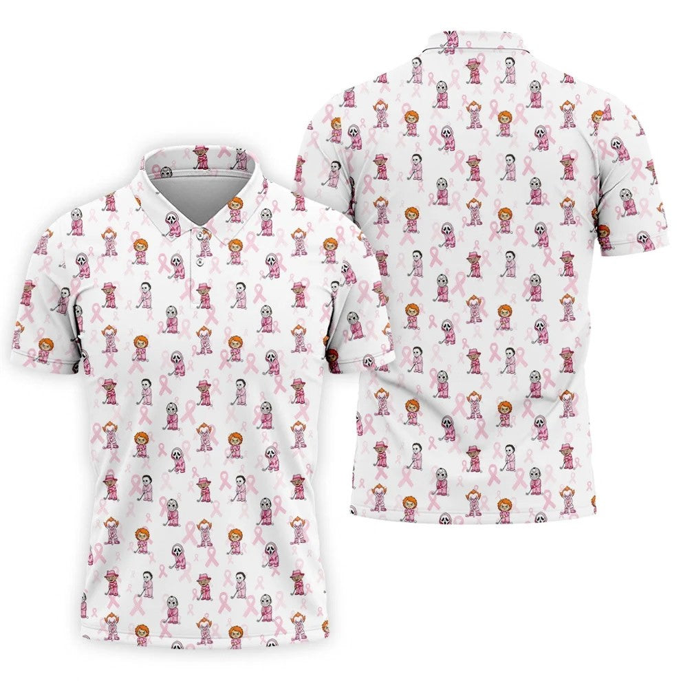 Breast Cancer Chibi Horror Character Polo Shirt, Mens Golf Shirts, Golf Apparel For Men