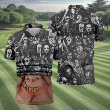 Stitched Face Horror Character Halloween Polo Shirt, Mens Golf Polo, Mens Golf Apparel