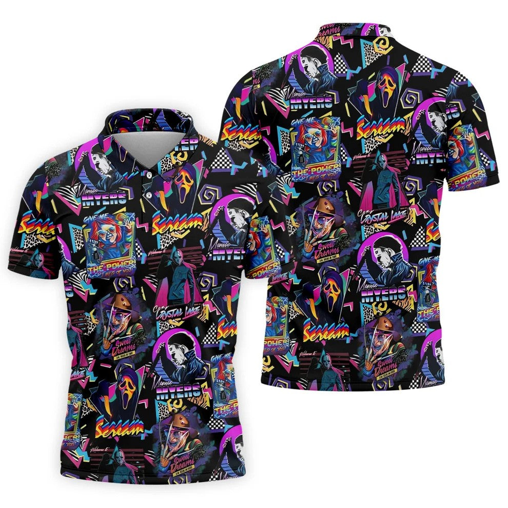 Retro Halloween Horror Character Hawaiian Golf Shirt, Men's Golf Shirt, Golf Polo Shirts For Men