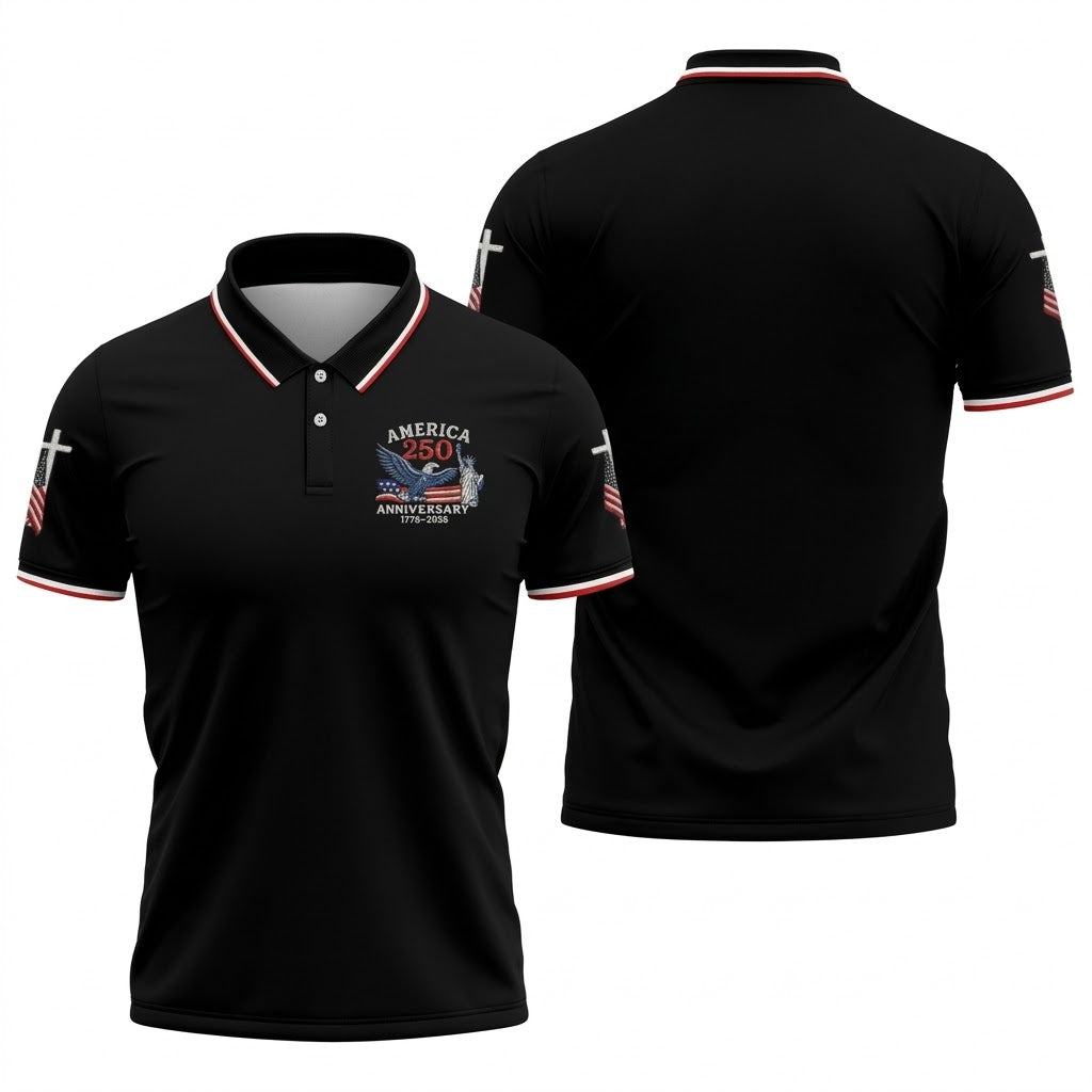 Faith Cross Bald Eagle America 250 Anniversary Black Patriotic Golf Shirt, Golf Shirts For Men