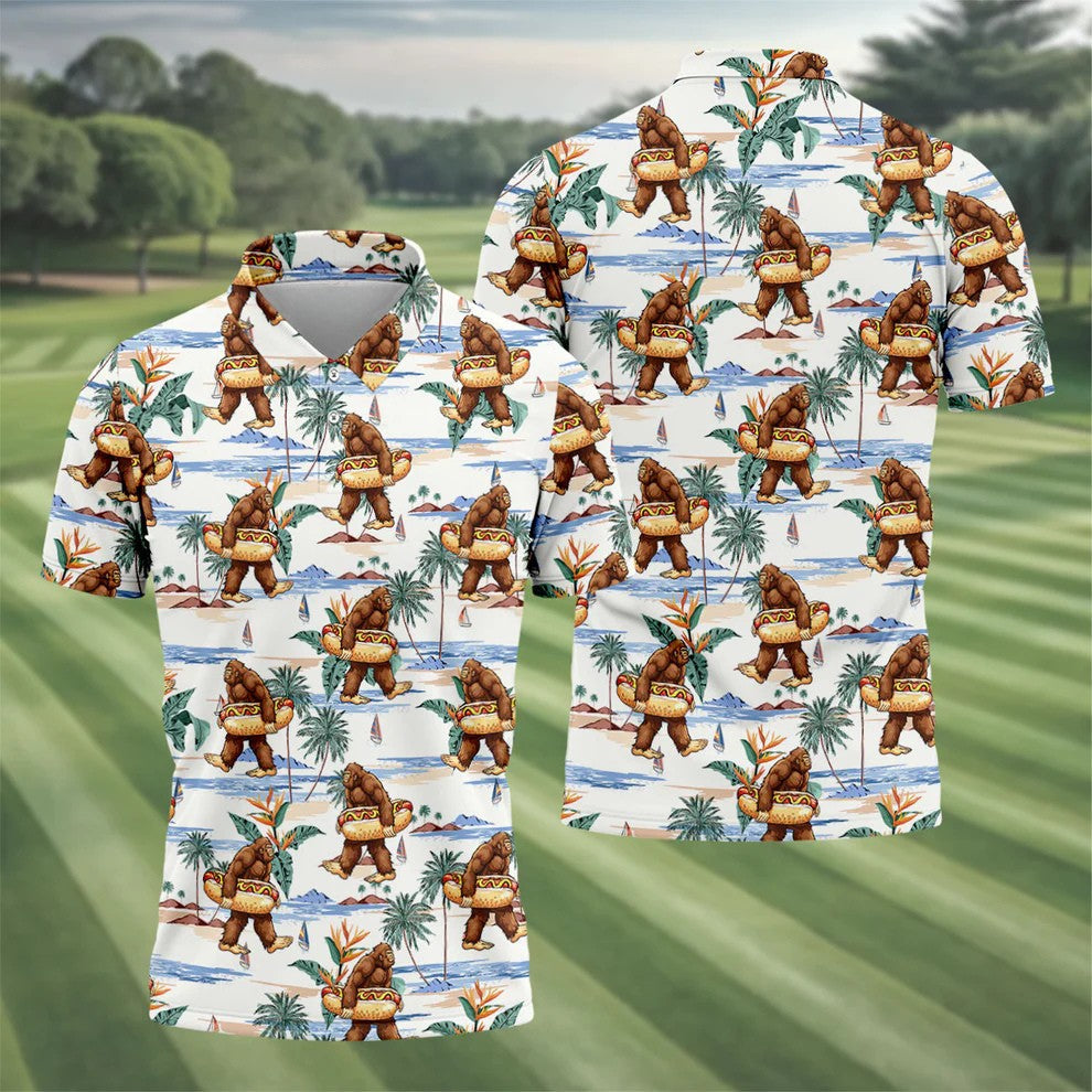 Funny Bigfoot Carrying Hot Dog Float Beach Golf Polo Shirt, Hawaiian Golf Shirt, Golf Apparel For Men