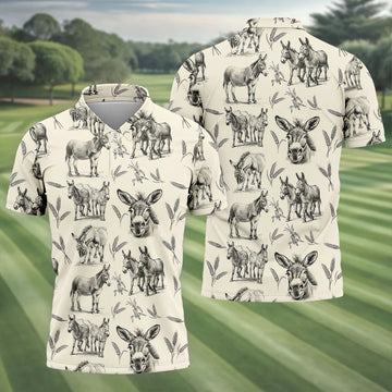 Vintage Donkey Sketch Pattern Hawaiian Golf Polo Shirt, Hawaiian Golf Shirt, Golf Shirts For Men