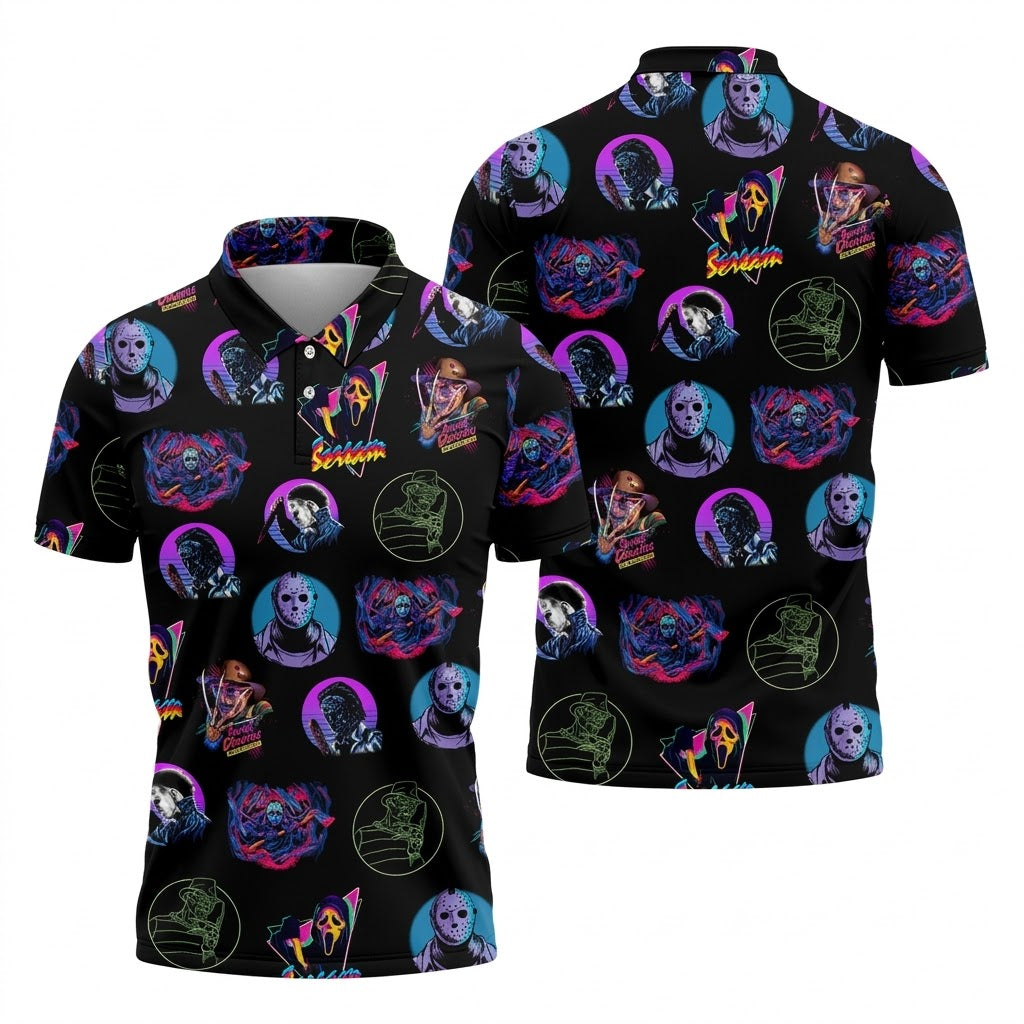 Funny Horror Character Men's Golf Shirt, Horror Character Neon Shirt, Halloween Golf Shirt, Men's Halloween Shirts