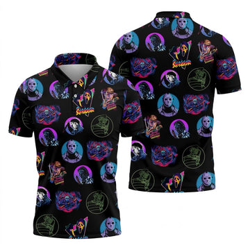 Funny Horror Character Men's Golf Shirt, Horror Character Neon Shirt, Halloween Golf Shirt, Men's Halloween Shirts