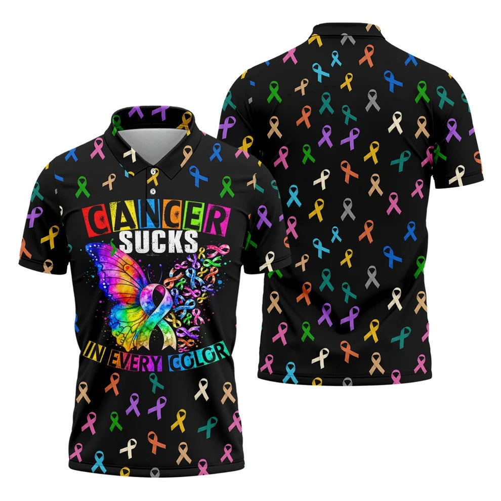 Cancer Sucks In Every Color Breast Cancer Polo Shirt, Golf Shirts For Men, Mens Golf Polo