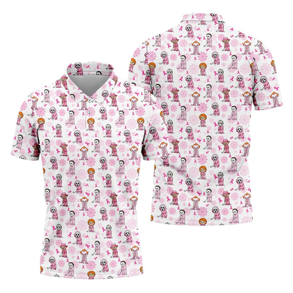 Halloween Horror Character Breast Cancer Polo Shirt, Mens Golf Polo, Golf Apparel For Men