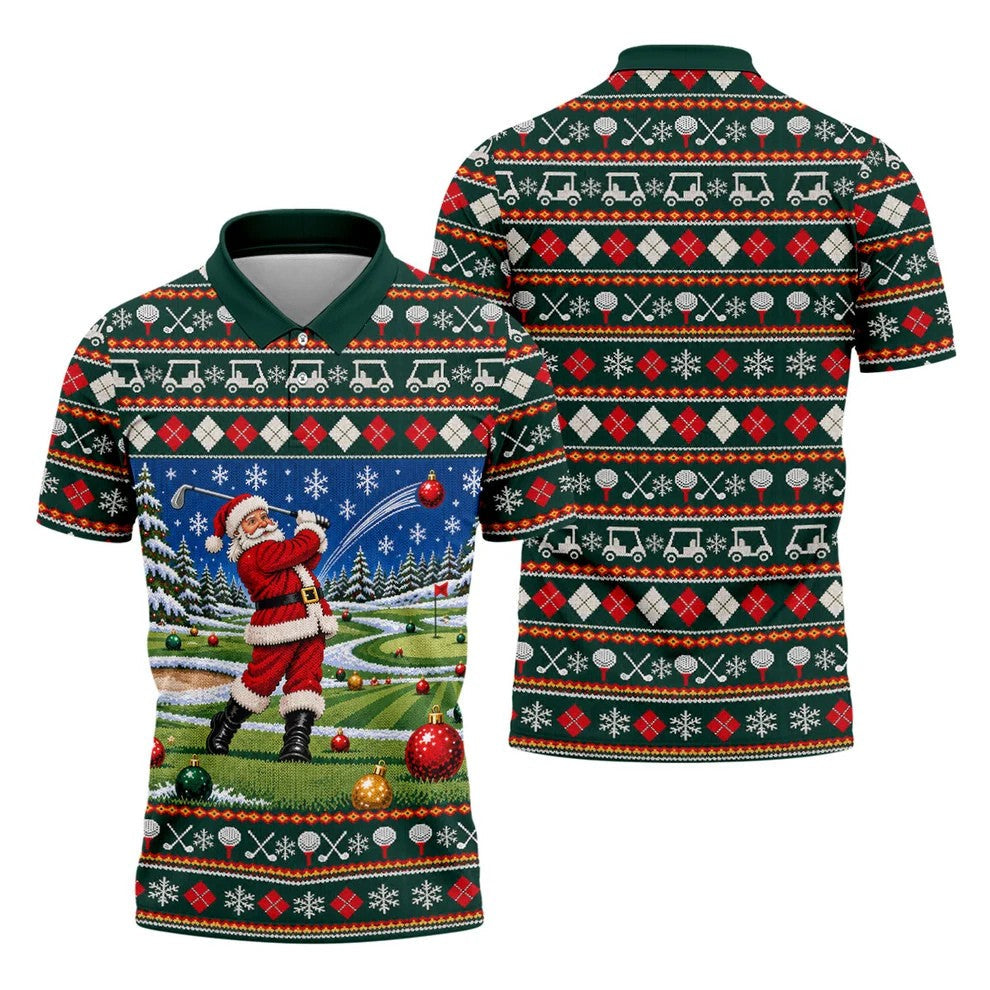 Santa Swing Fair Isle Christmas Golf Shirt, Mens Golf Shirts, Funny Mens Golf Shirts