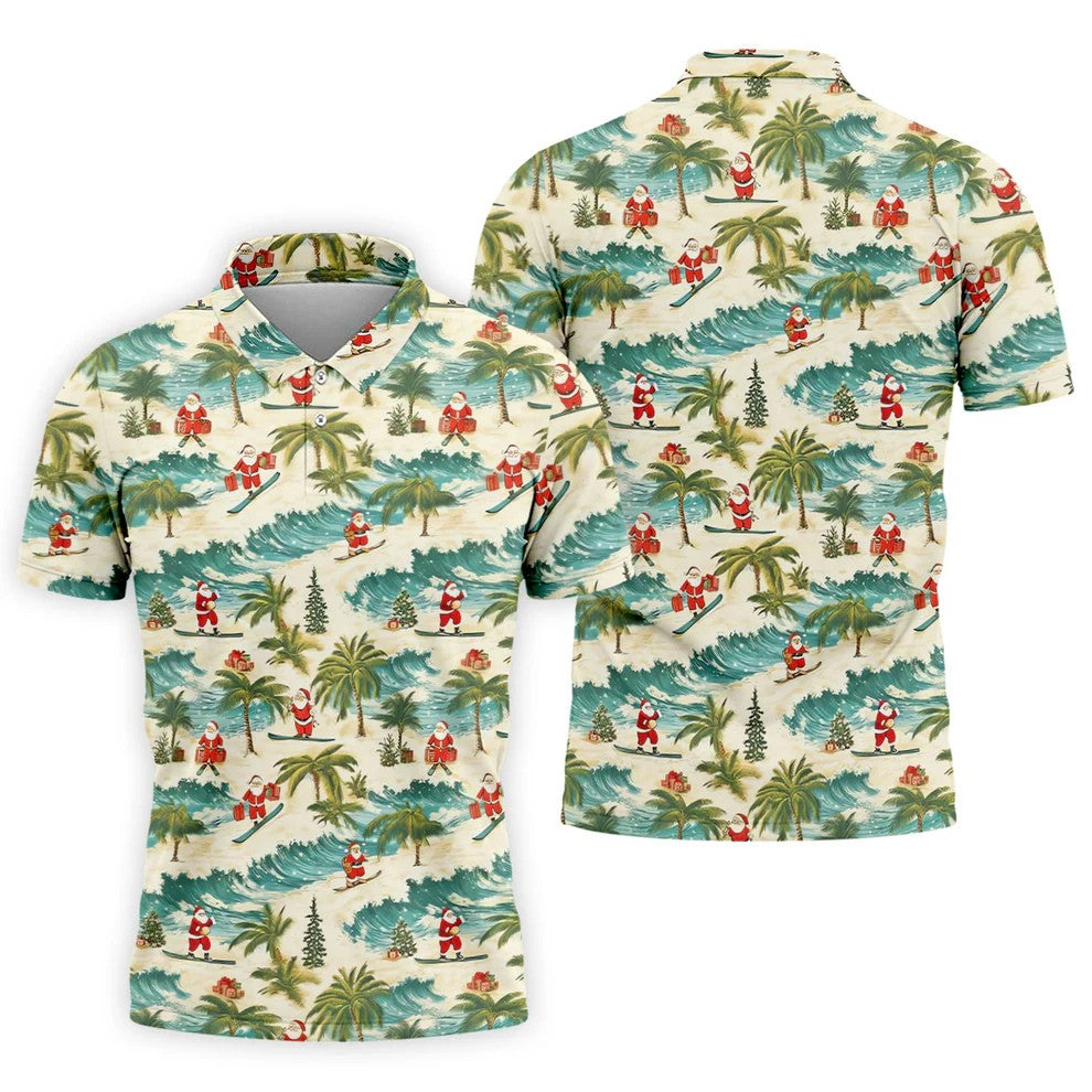 Christmas Santa Surfing Tropical Hawaiian Golf Shirt, Golf Shirts For Men, Printed Golf Shirts