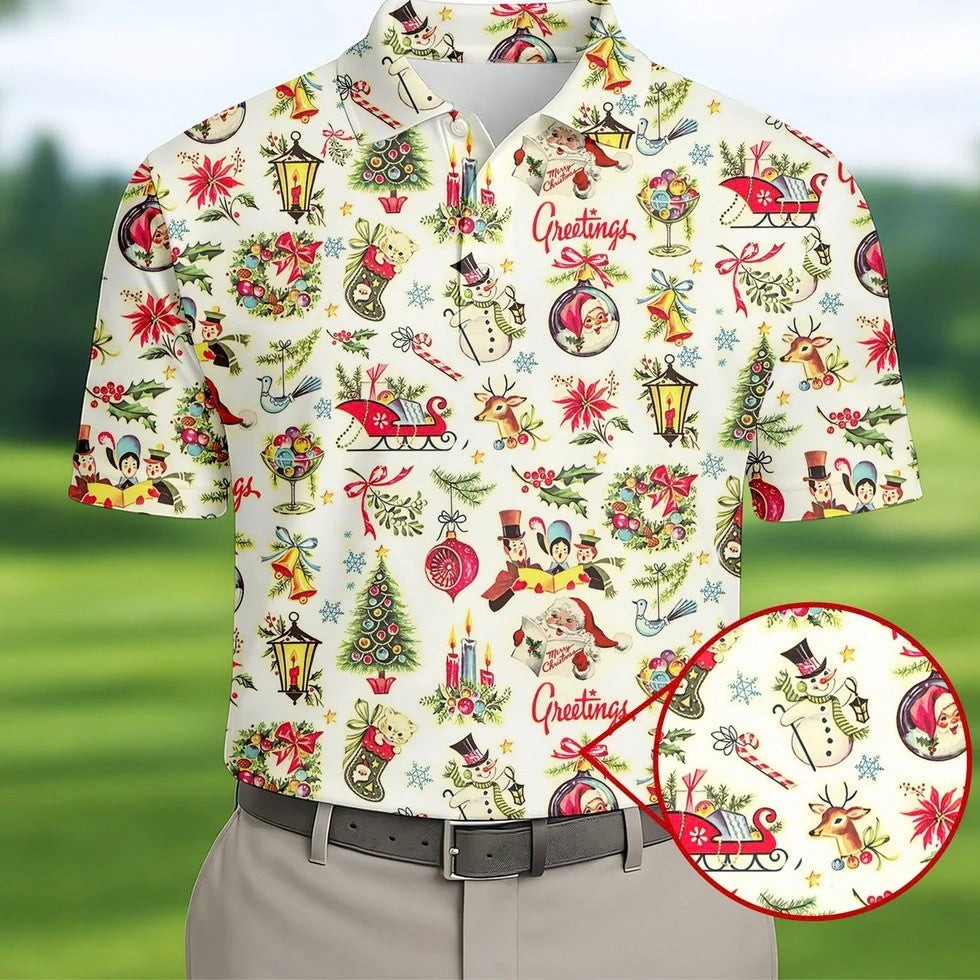 Vintage Christmas Men Golf Tops, Men's Christmas Golf Shirt, Men Golf Apparel, Men Polo Shirt